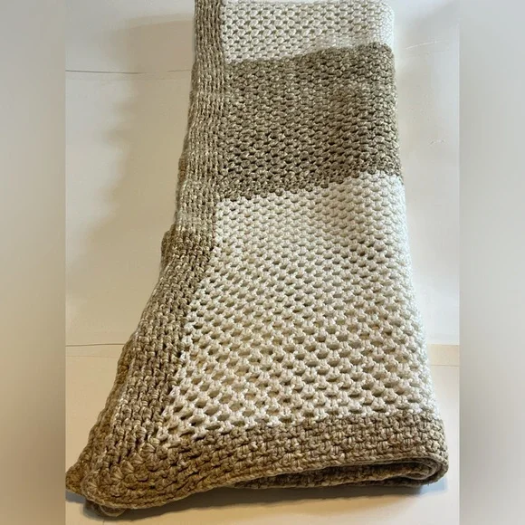 Handmade Double Crochet Cream & Tan Striped Knit Blanket (54” wide x 76” long)
